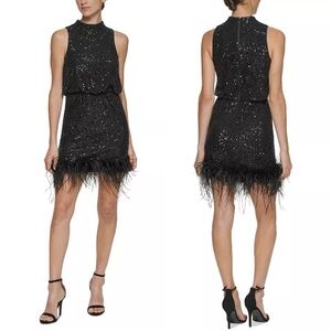 NWT Eliza J Feather-Hem Sequin Dress